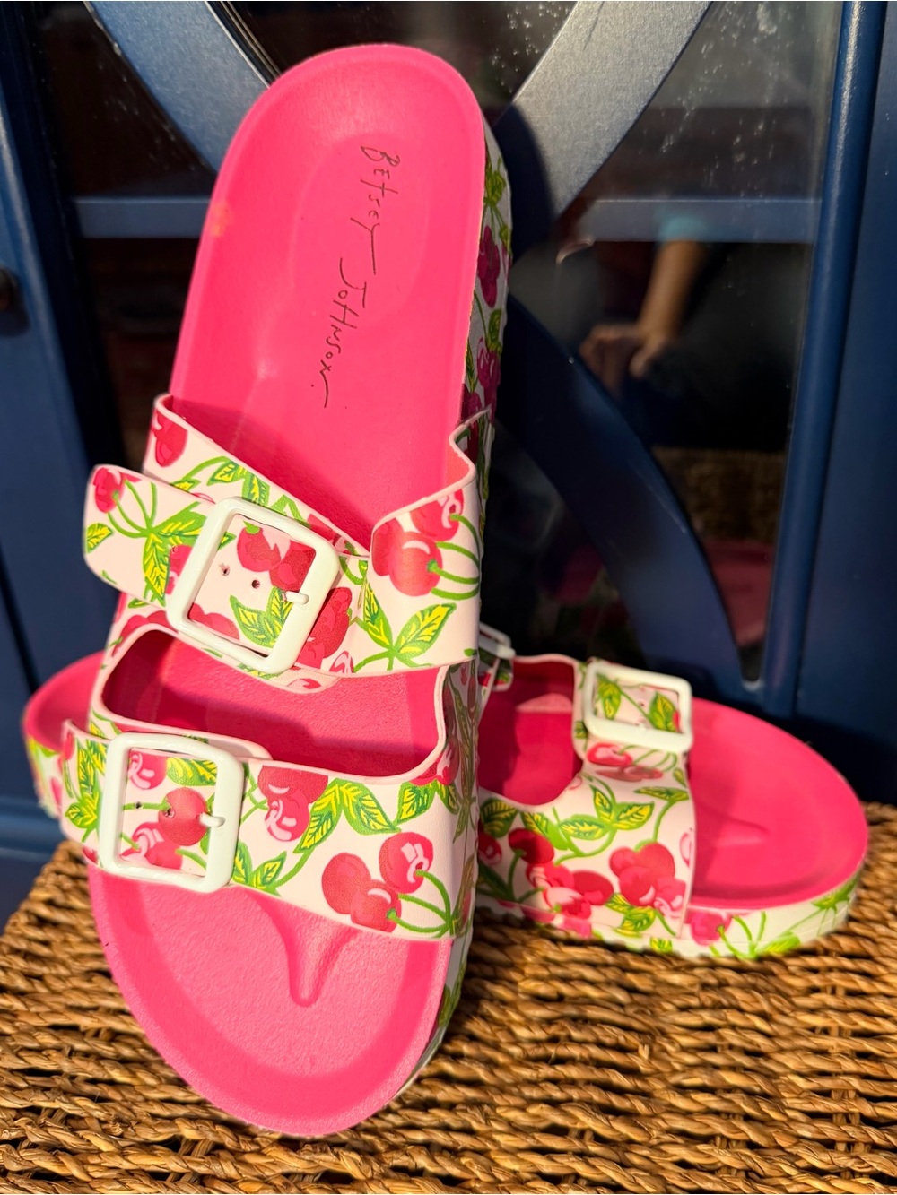 Betsey Johnson Pink Cherry Print Slide Sandals with White Buckles - Picture 2 of 3